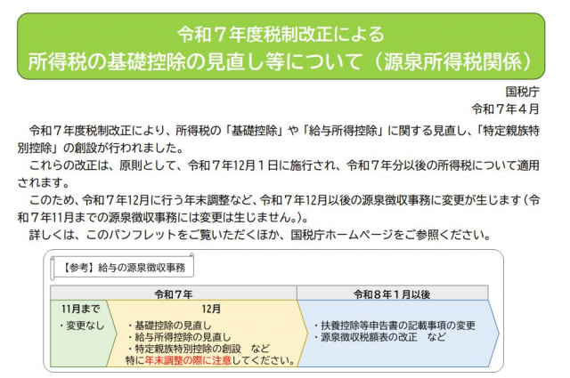 国税庁から公開された税制改正に伴い変更される年末調整および所得税の源泉徴収事務の情報
